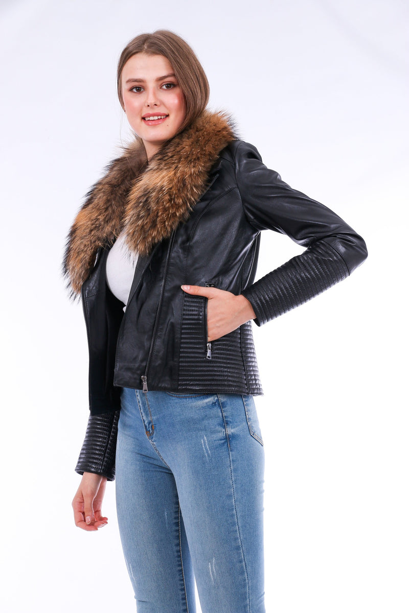 Ravenna Cropped Leather Biker Jacket Black