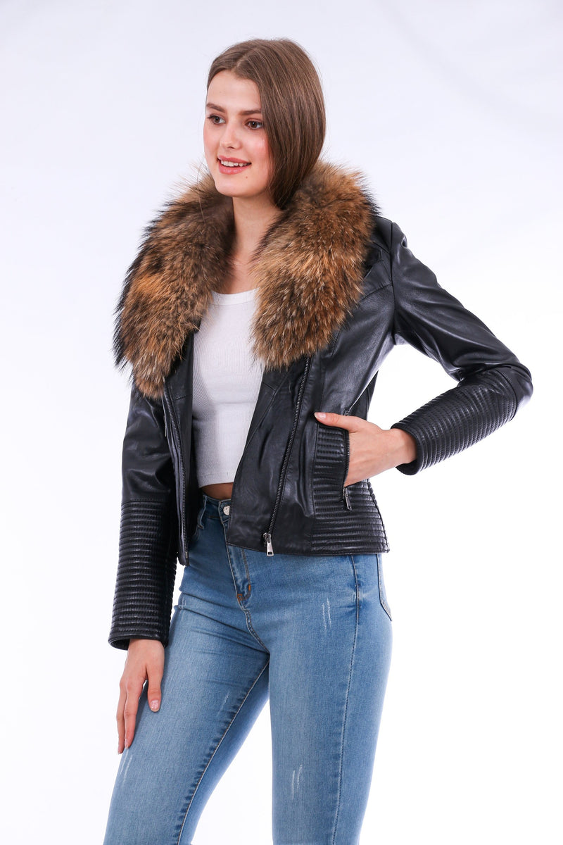 Ravenna Cropped Leather Biker Jacket Black