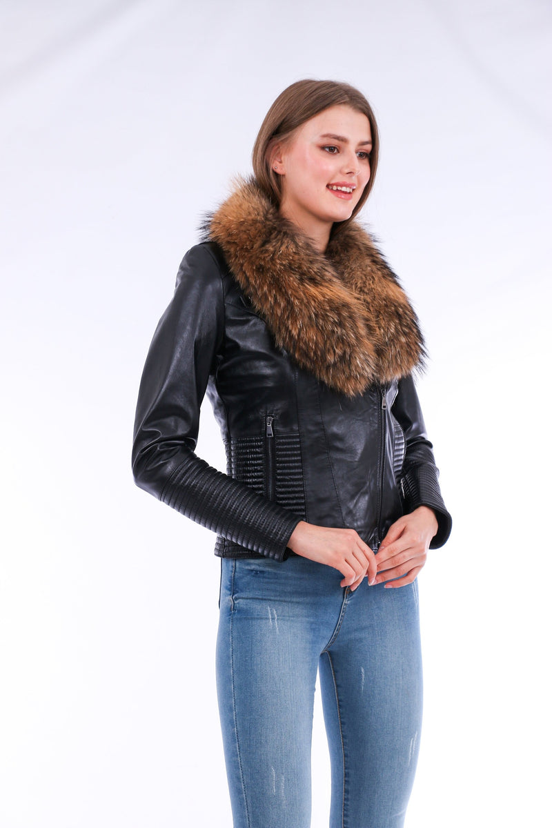 Ravenna Cropped Leather Biker Jacket Black