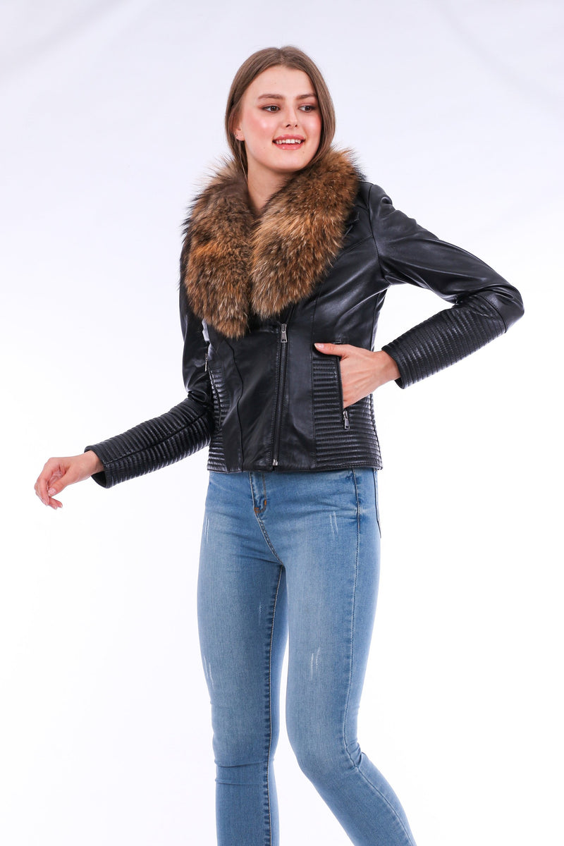 Ravenna Cropped Leather Biker Jacket Black