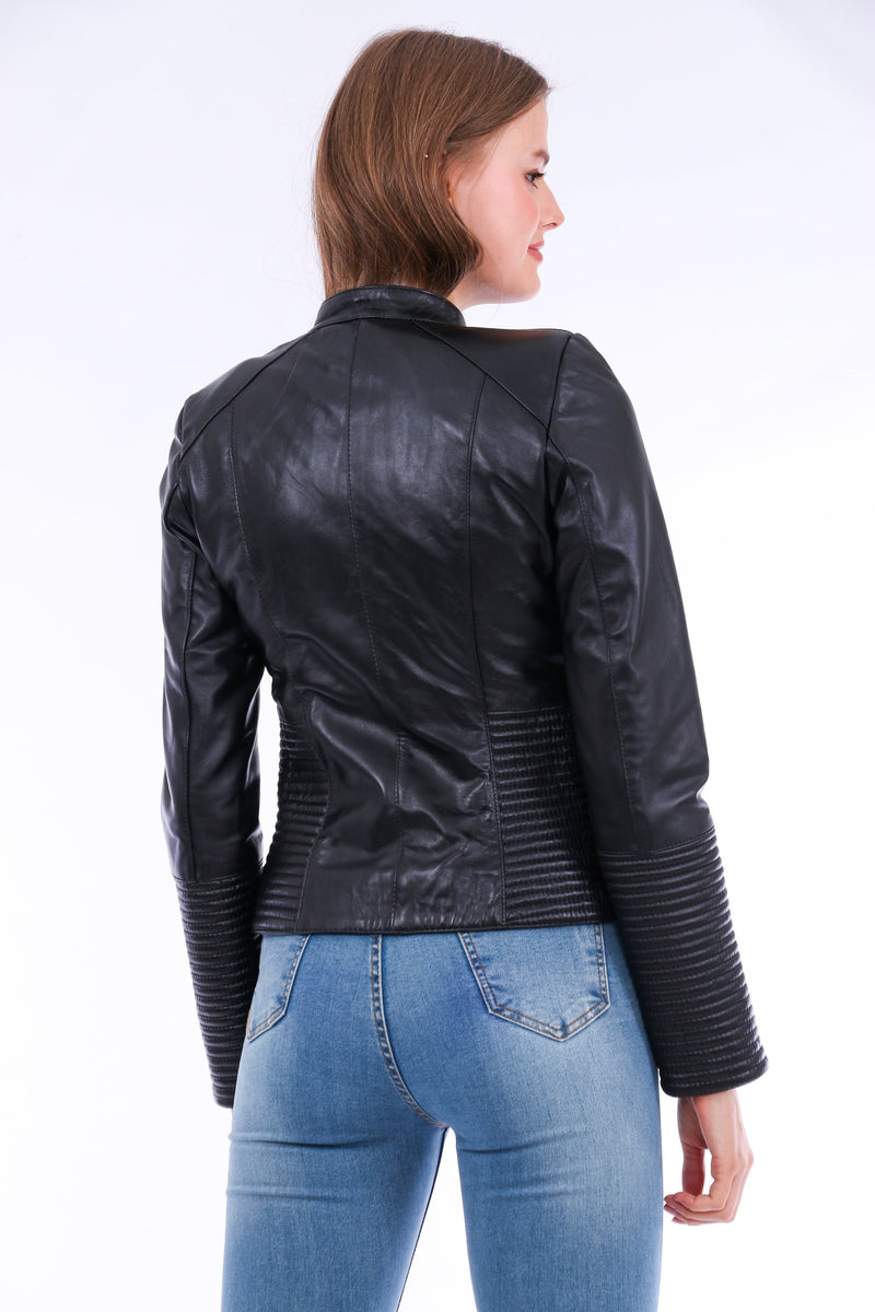 Ravenna Cropped Leather Biker Jacket Black