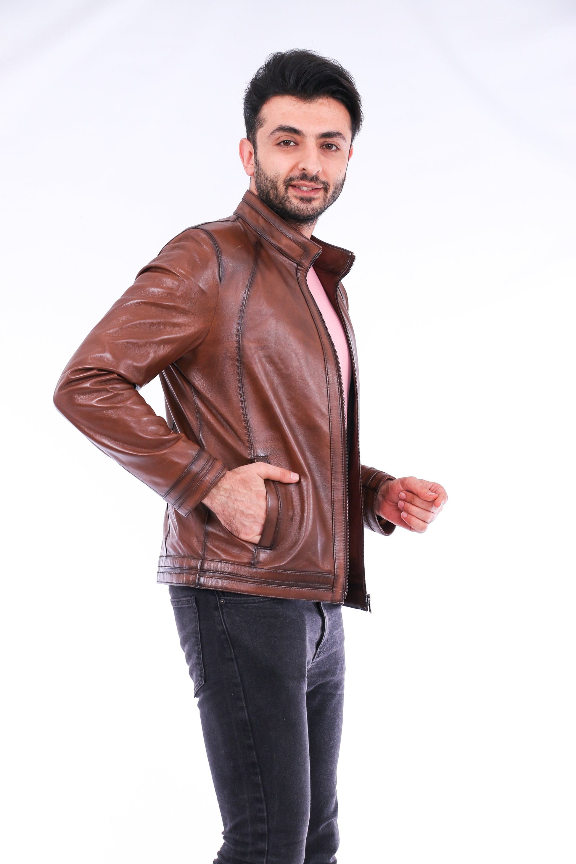 Dolcedo Brown Genuine Sheepskin Leather Motorcycle Jacket