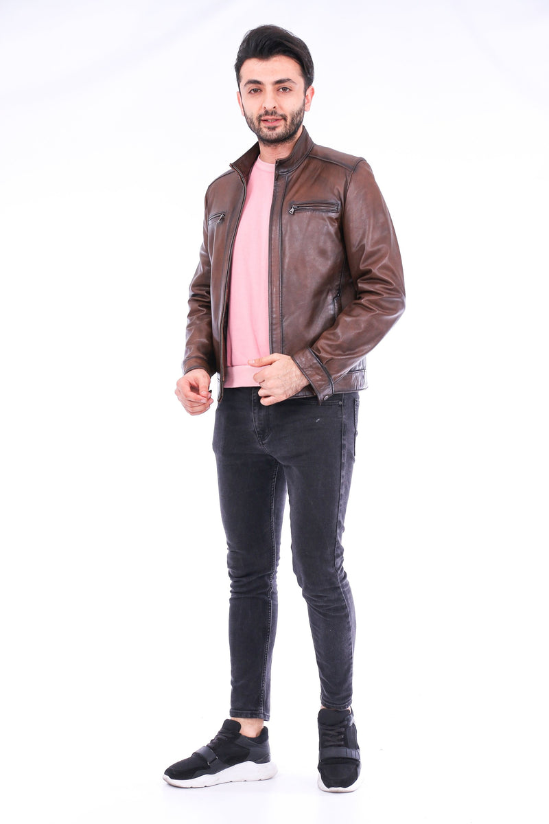 Armati Brown Mens Sheepskin Biker Leather Jacket