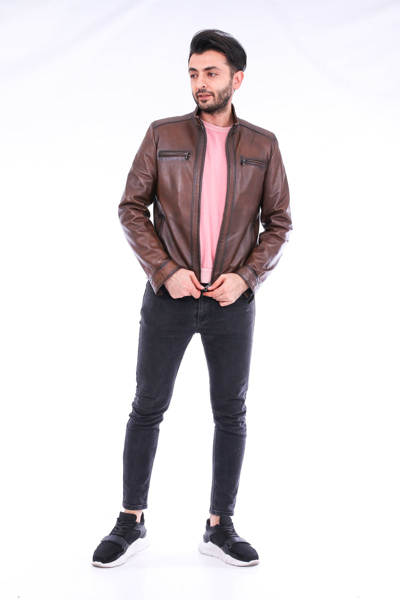 Armati Brown Mens Sheepskin Biker Leather Jacket