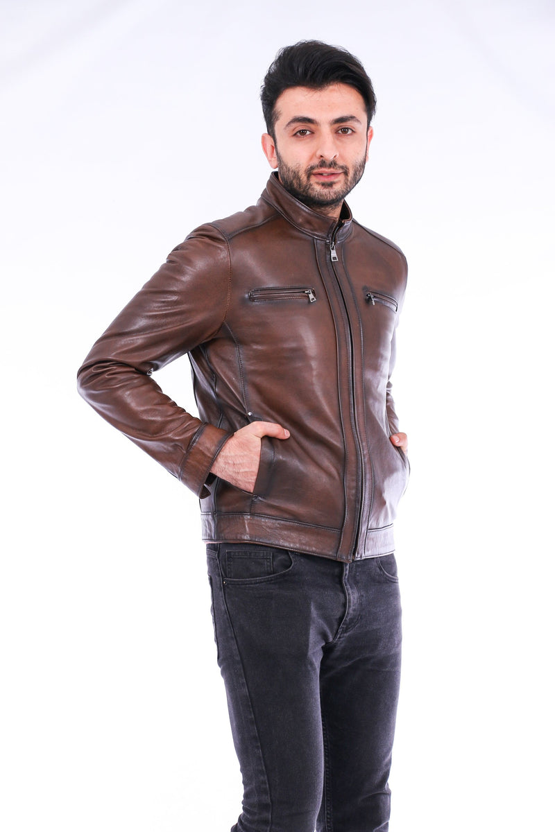 Armati Brown Mens Sheepskin Biker Leather Jacket