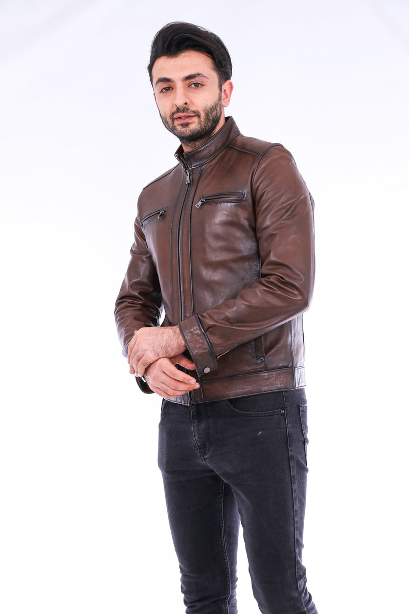 Armati Brown Mens Sheepskin Biker Leather Jacket