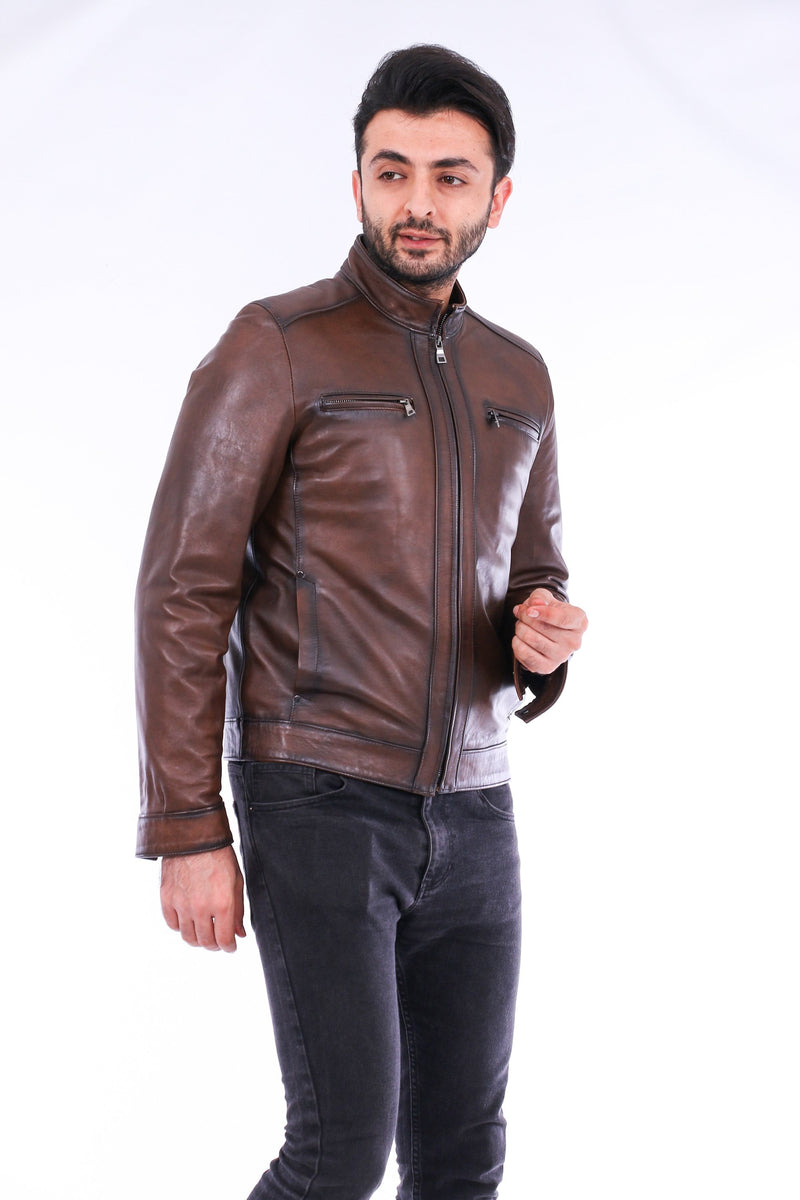 Armati Brown Mens Sheepskin Biker Leather Jacket