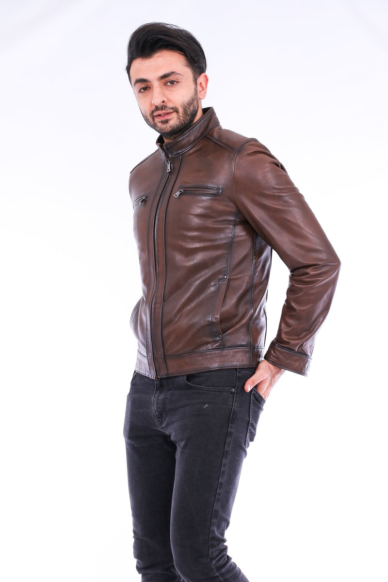 Armati Brown Mens Sheepskin Biker Leather Jacket