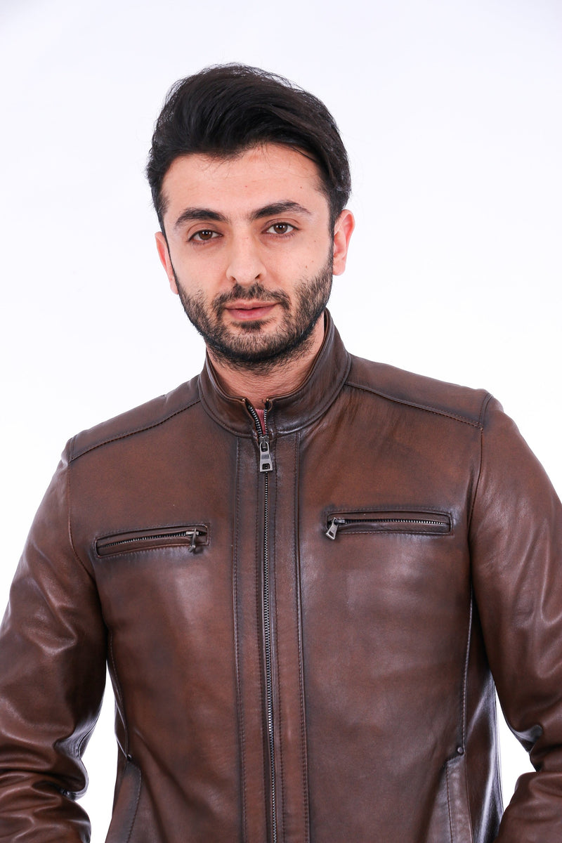 Armati Brown Mens Sheepskin Biker Leather Jacket