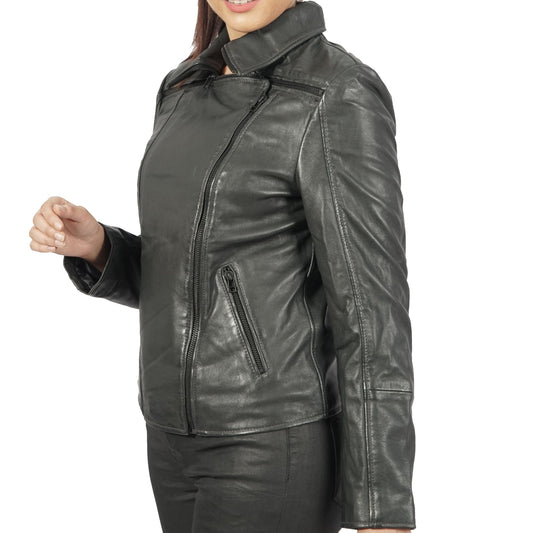 Janet Ladies Asymmetrical Classic Real Leather Bike Jackets