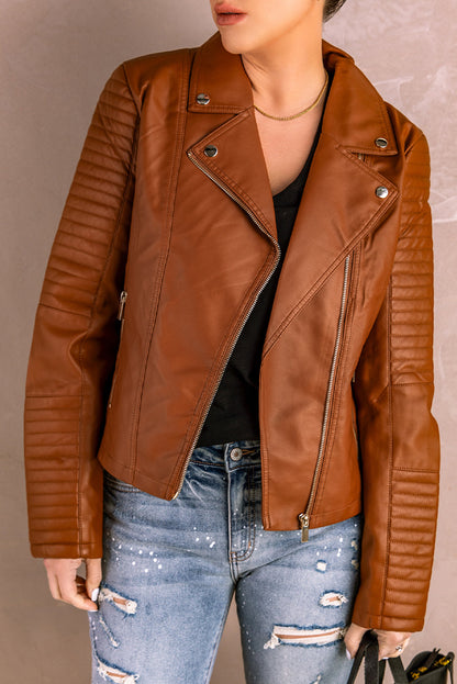 Brown Faux Pu Ladies Leather Motorcycle Jacket