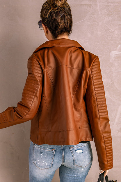 Brown Faux Pu Ladies Leather Motorcycle Jacket