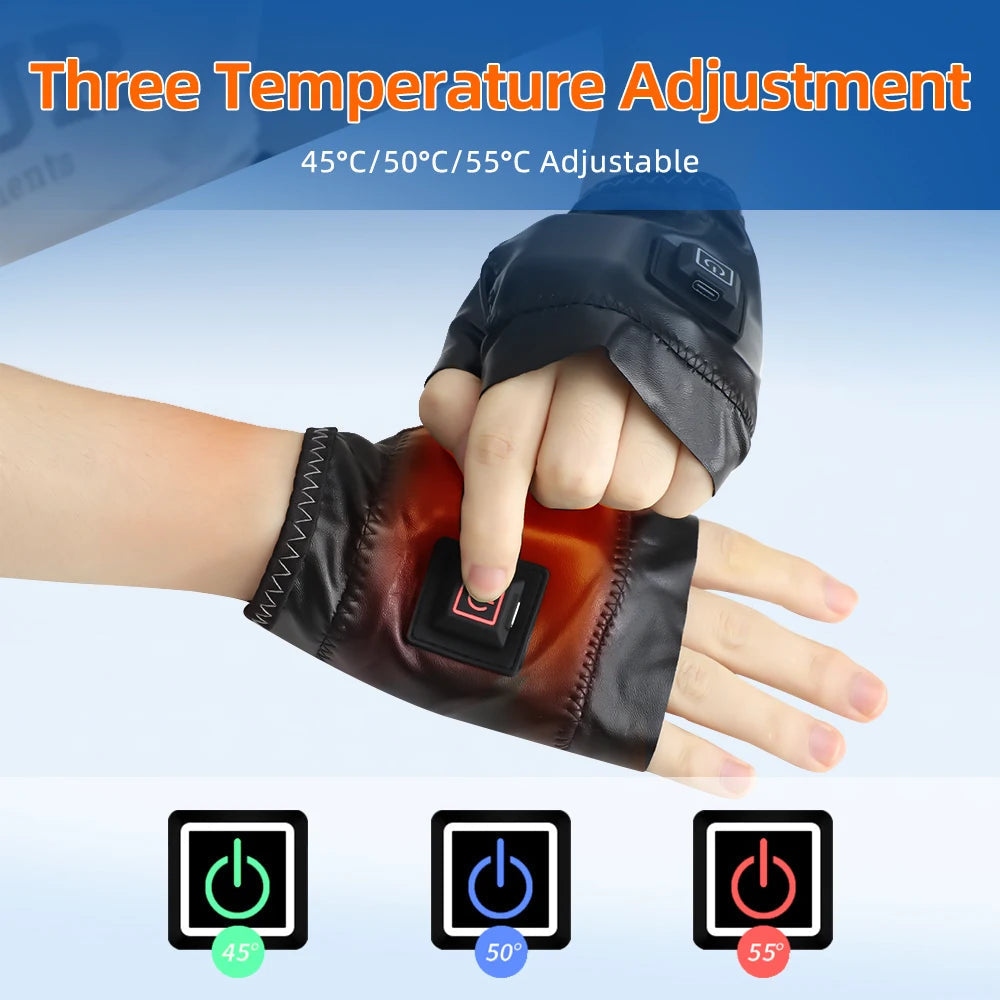 Smart Wireless Heating Leather Gloves Winter Thermal Fingerless Glove