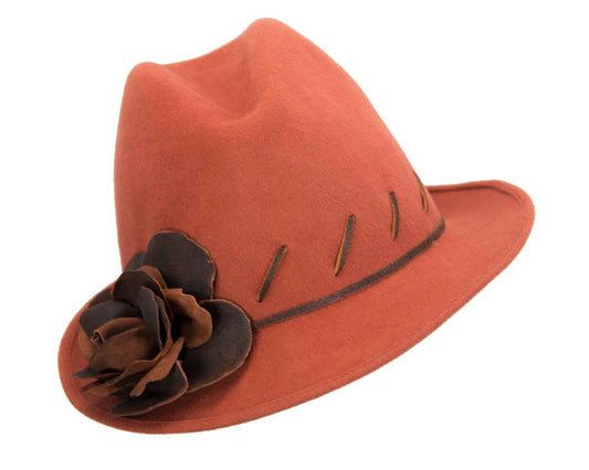Exclusive rabbit fur fedora hat with leather flower