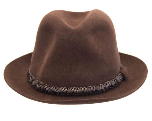 Brown unisex rabbit fur fedora hat with leather trim