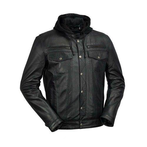 First MFG Co. Axel Mens's Black Genuine Sheepskin Hooded Leather Jacket