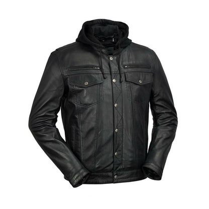 First MFG Co. Axel Mens's Black Genuine Sheepskin Hooded Leather Jacket