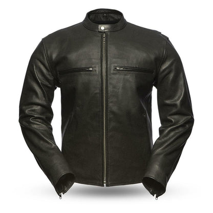 First MFG Co. Turbine Mens Black Real Cowhide Perforated Leather Motorcycle Jacket