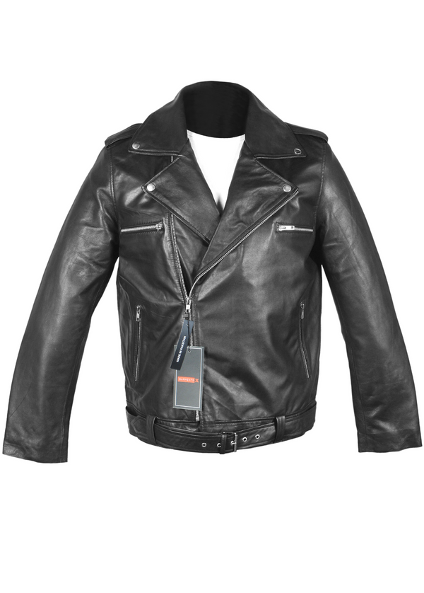 Mens Black Genuine Sheepskin Biker Leather Jacket 