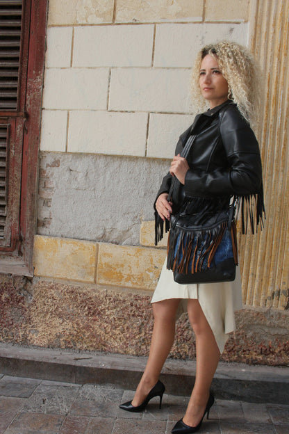 Women's Black Real Genuine Motorbike Fringe Leather Jacket