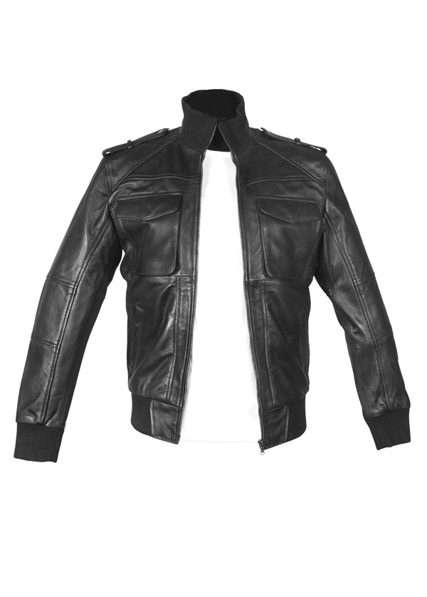 Mens Genuine Lambskin Turtleneck Black Leather Jacket