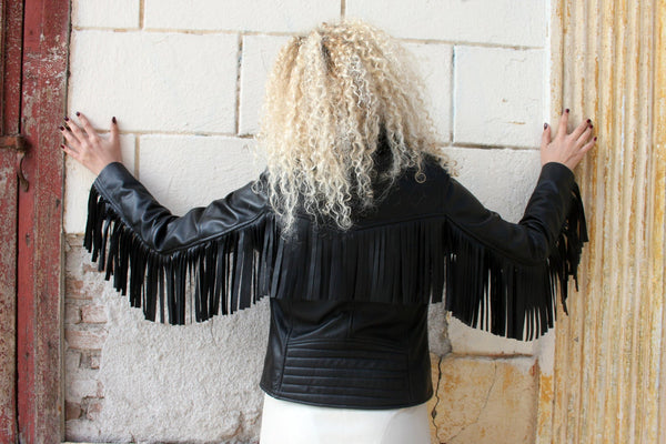 Women's Black Real Genuine Motorbike Fringe Leather Jacket