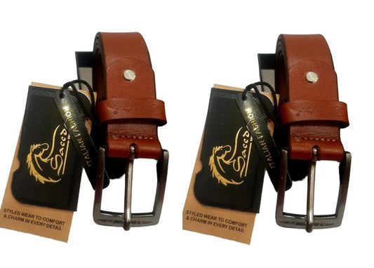 Men Black Genuine Leather Belt PACK OF 2 (Size-32) (Color-BROWN)