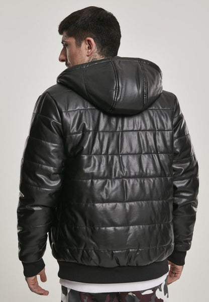 Mens Black Faux Bubble Leather Jacket With Hood 