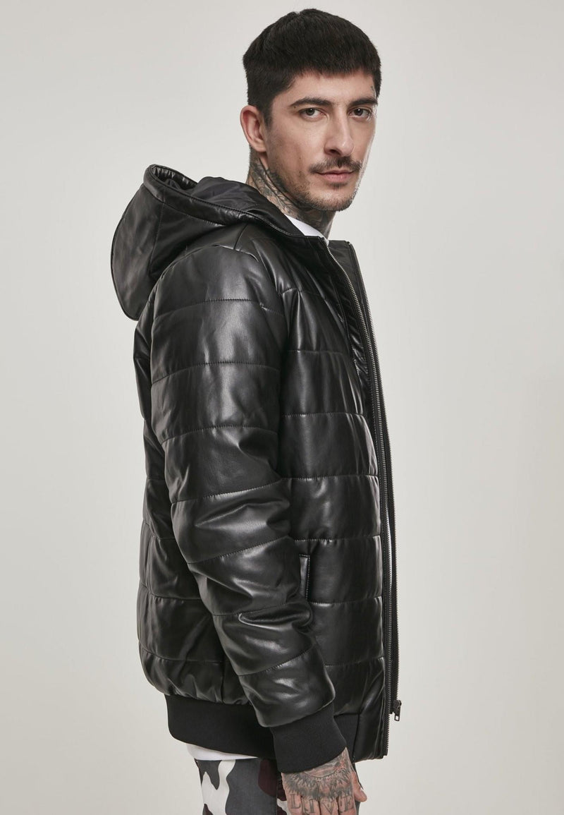 Hooded Faux Leather Bubble Jacket