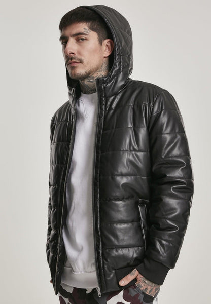 Mens Black Faux Bubble Leather Jacket With Hood 