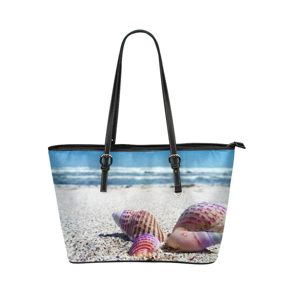 Large Leather Tote Shoulder Bag - Beach and Sand Seashell Handbag