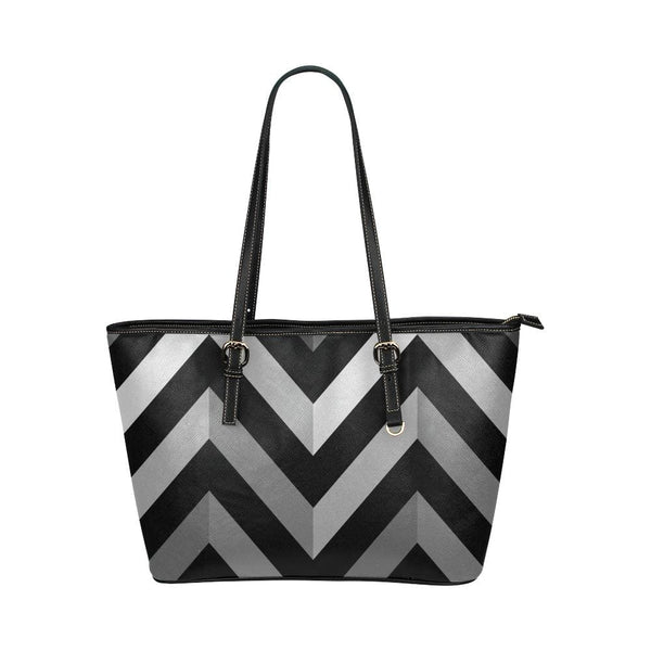 Large Leather Tote Shoulder Bag - Black and Gray Herringbone Handbag