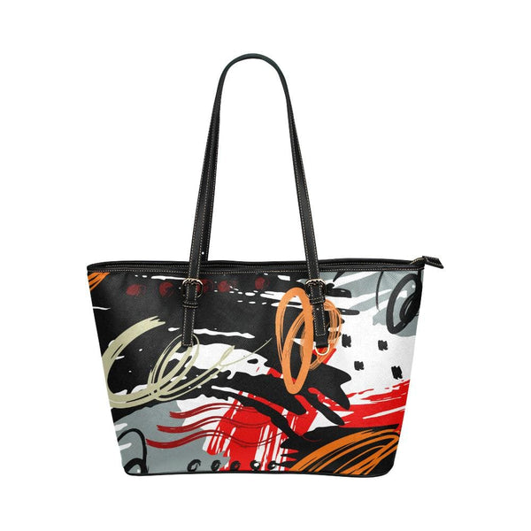 Large Leather Tote Shoulder Bag - Black and Multicolor Abstract