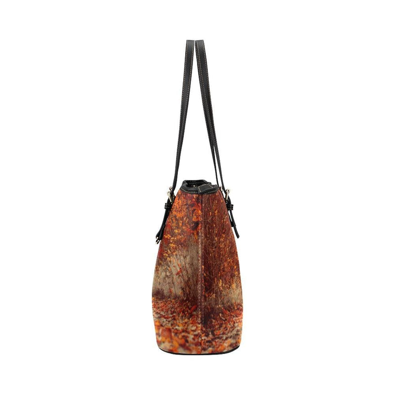 Large Leather Tote Shoulder Bag - Orange Autumn Forest Handbag