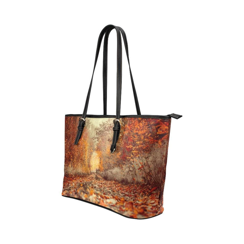 Large Leather Tote Shoulder Bag - Orange Autumn Forest Handbag