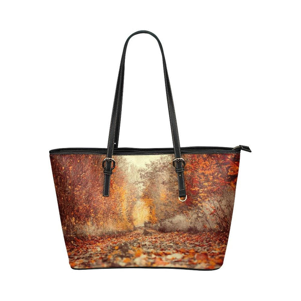 Large Leather Tote Shoulder Bag - Orange Autumn Forest Handbag