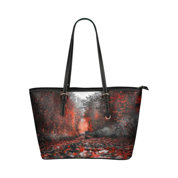 Large Leather Tote Shoulder Bag - Red Autumn Forest Handbag