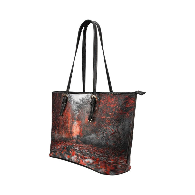 Large Leather Tote Shoulder Bag - Red Autumn Forest Handbag