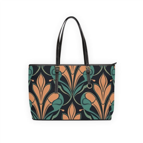 Large Leather Tote Shoulder Bag, Retro Vintage Print