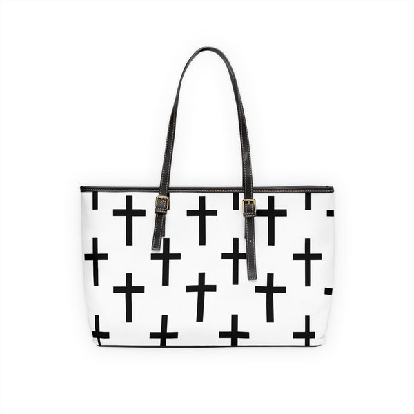 Large Leather Tote Shoulder Bag, White Black Cross Print