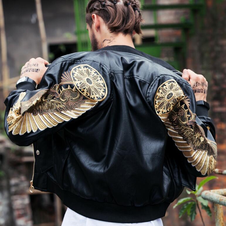 Mens Red Black PU Outwear Gold Wings Bomber Faux Leather Jacket